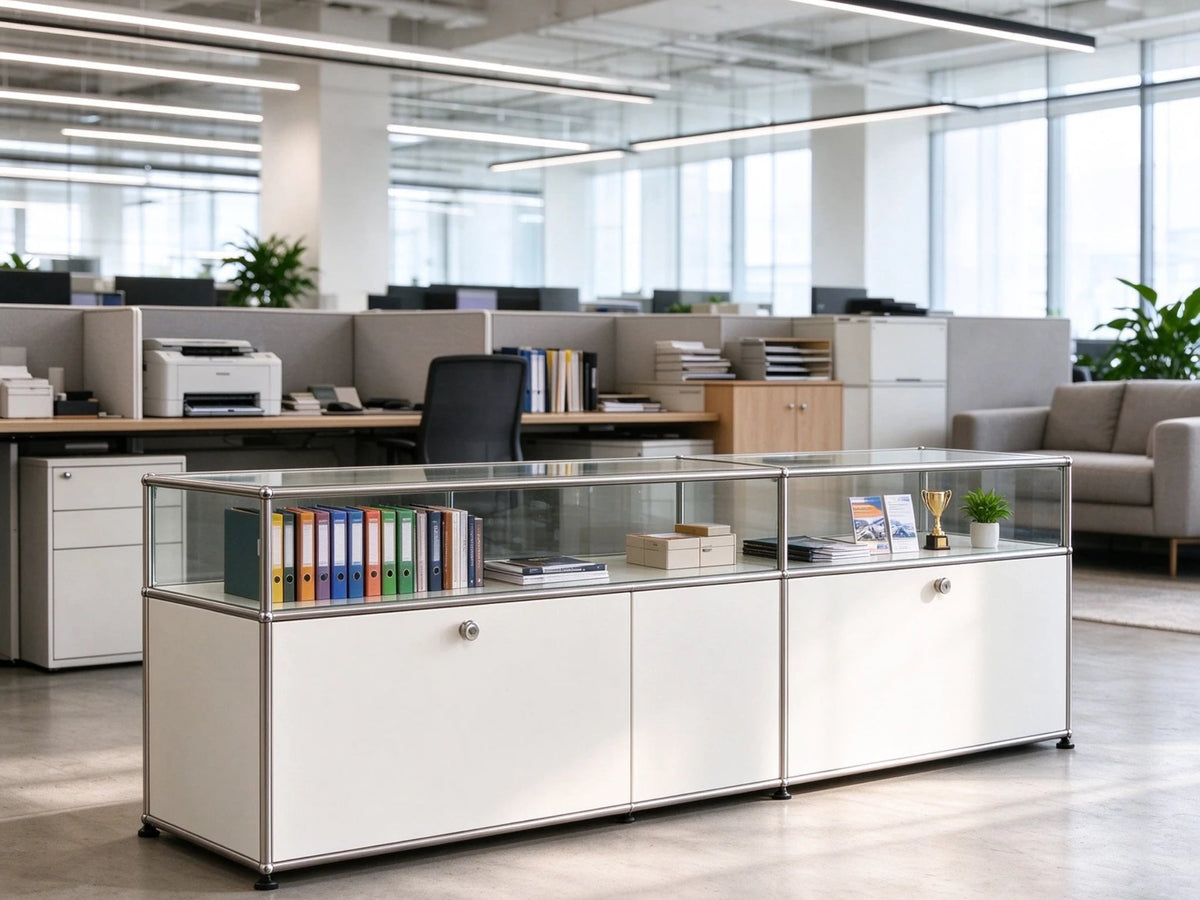 Modern office sideboard credenza in open plan commercial office layout