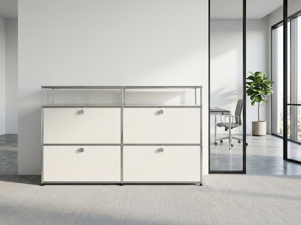 USM-style modular steel furniture credenza in modern commercial office space