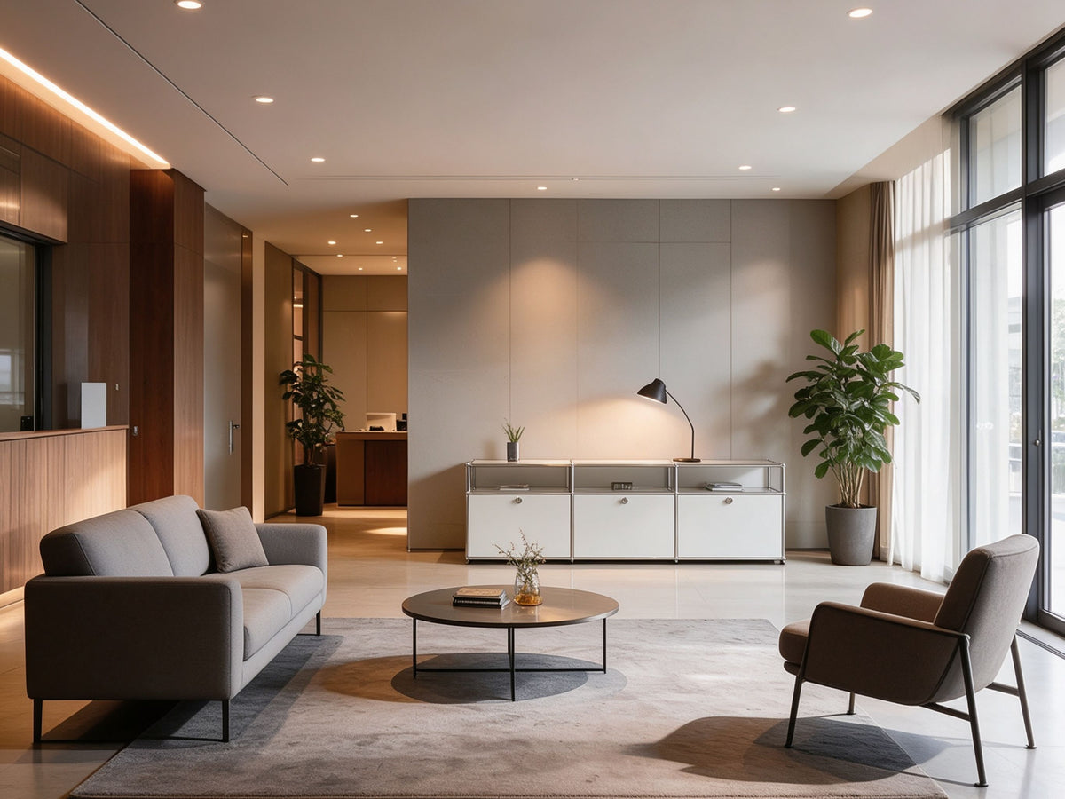 Modular steel sideboard and storage furniture in a modern commercial reception area