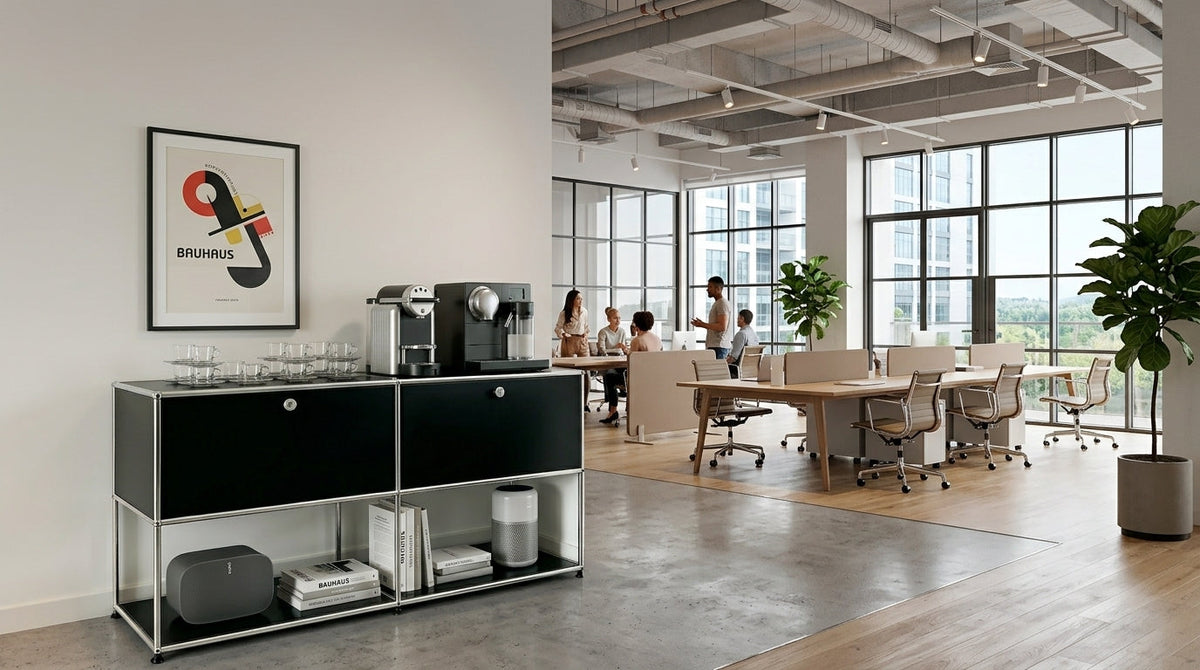 Modular steel storage cabinets and credenzas in modern commercial office workspace