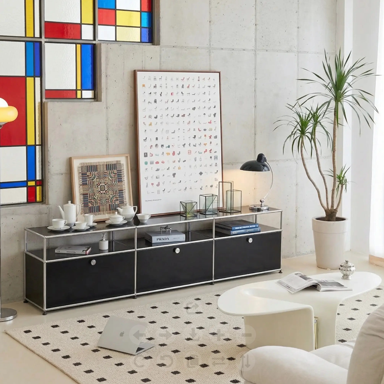 Instagram-famous vintage minimalist TV console and side cabinet for living room decoration and storage; Italian USM modular system, modern style.