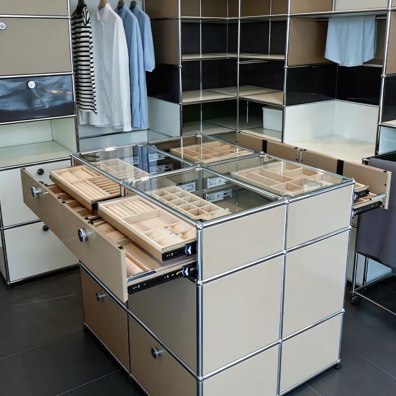 USM cabinet, jewelry cabinet, multi-tier drawer storage, floor-standing bedroom, high-end glass display cabinet, modular furniture